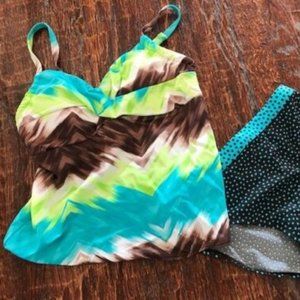 NWT * KIM ROGERS Swimsuit *Lime Brown Turquoise TANKINI Top + BIKINI Bottoms ~ S